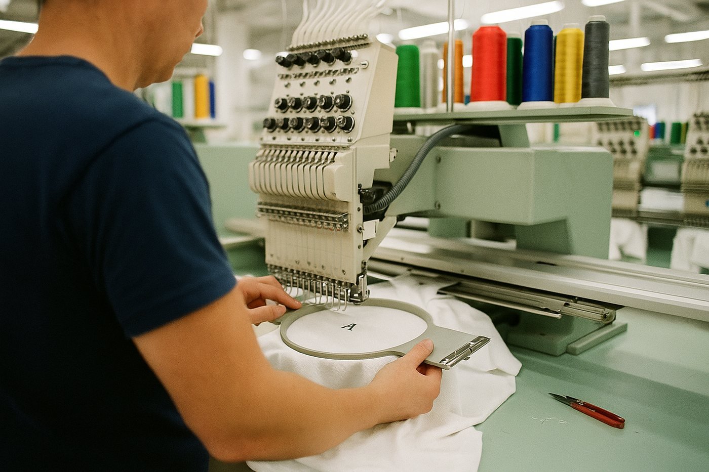 Multi-head industrial embroidery machine stitching a monogram onto hooped fabric