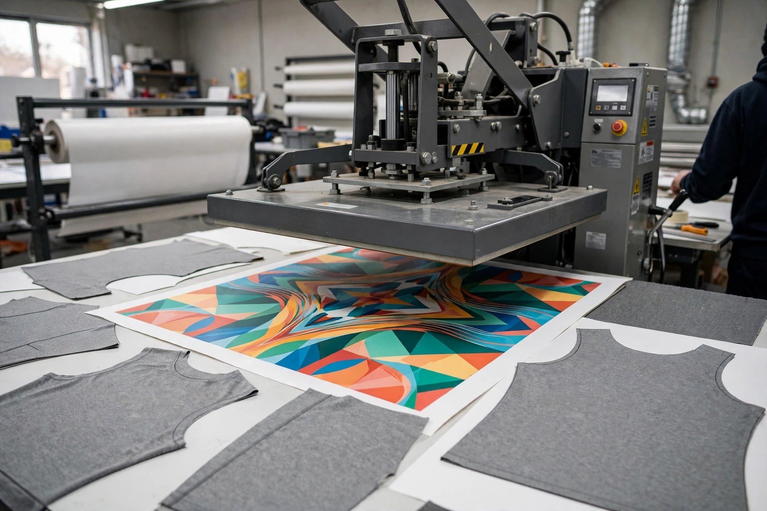 A wide-format heat press closing over a printed transfer sheet laid on cut grey jersey panels, with rolls of transfer paper behind