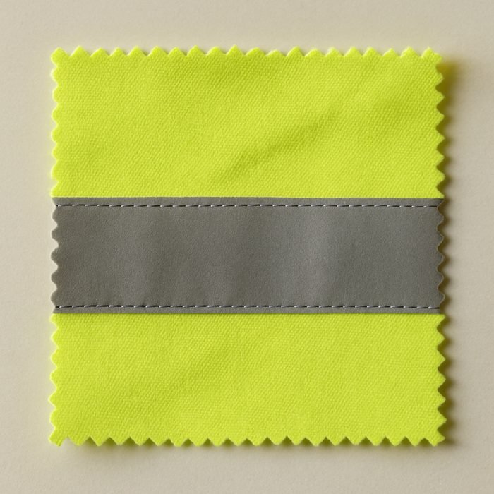 Close-up of fluorescent yellow hi-vis fabric with silver reflective tape stitched across it
