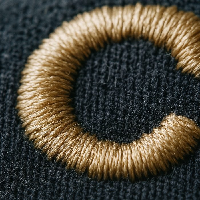 Extreme macro of dense satin-stitch embroidery on navy fabric with individual threads visible