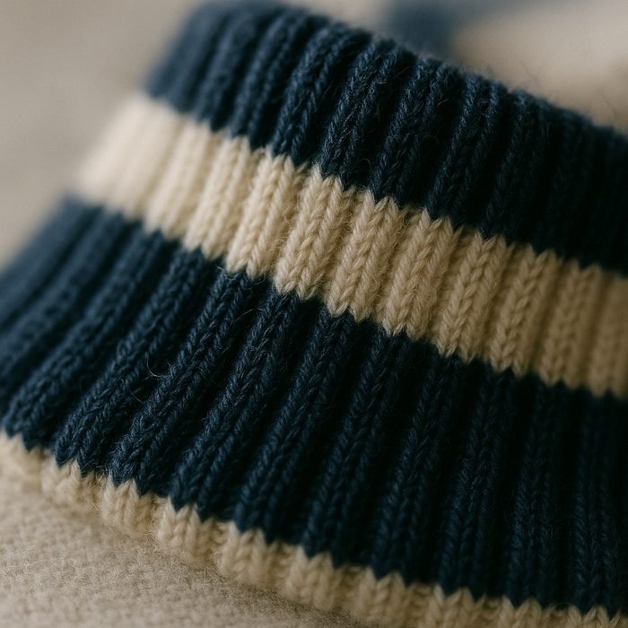 Close-up of navy and cream striped knitted rib trim used for varsity collars and cuffs