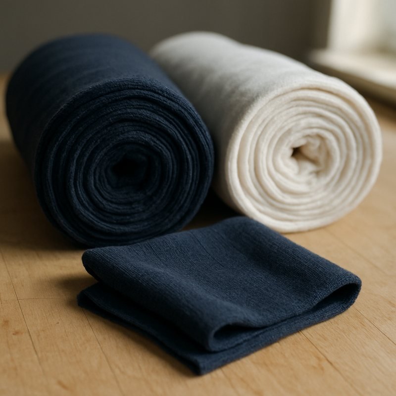 Rolls of cotton jersey fabric with a folded swatch showing the knit texture