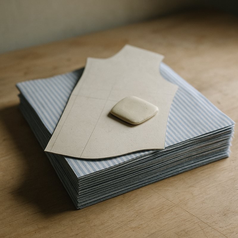 Stack of cut fabric panels with a paper pattern piece and tailor's chalk