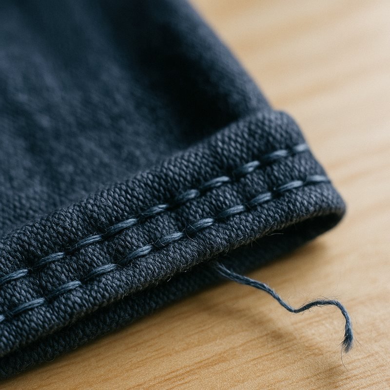 Macro close-up of double topstitching along a folded hem in navy cotton