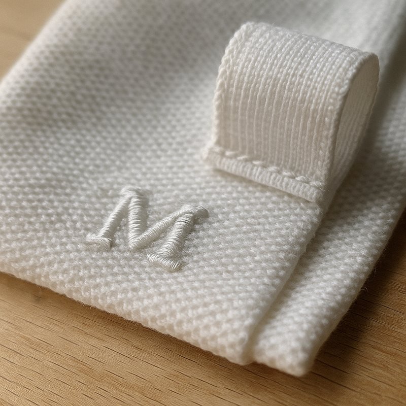Macro close-up of an embroidered monogram on white pique fabric beside a woven care label
