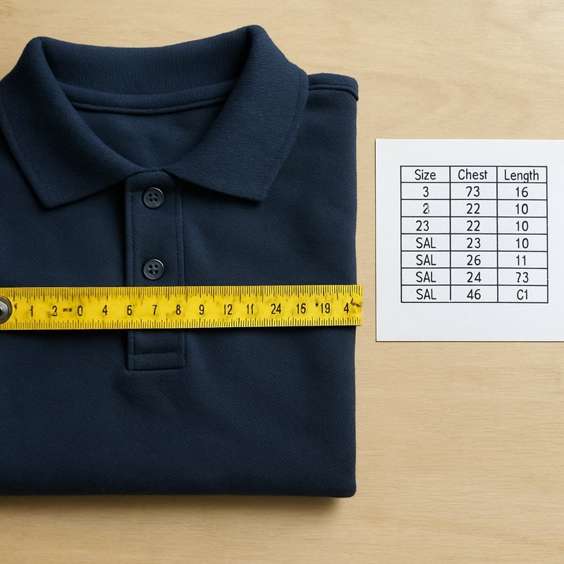 Measuring tape laid across a folded polo shirt next to a printed measurement chart