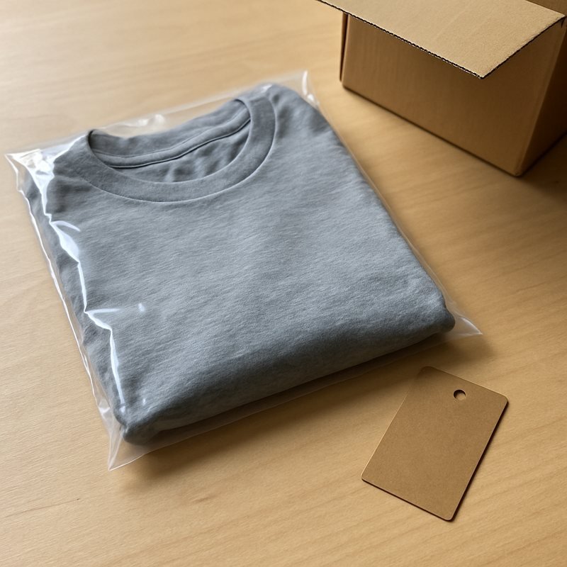 Folded t-shirt sealed in a clear polybag with a hang tag beside a cardboard carton