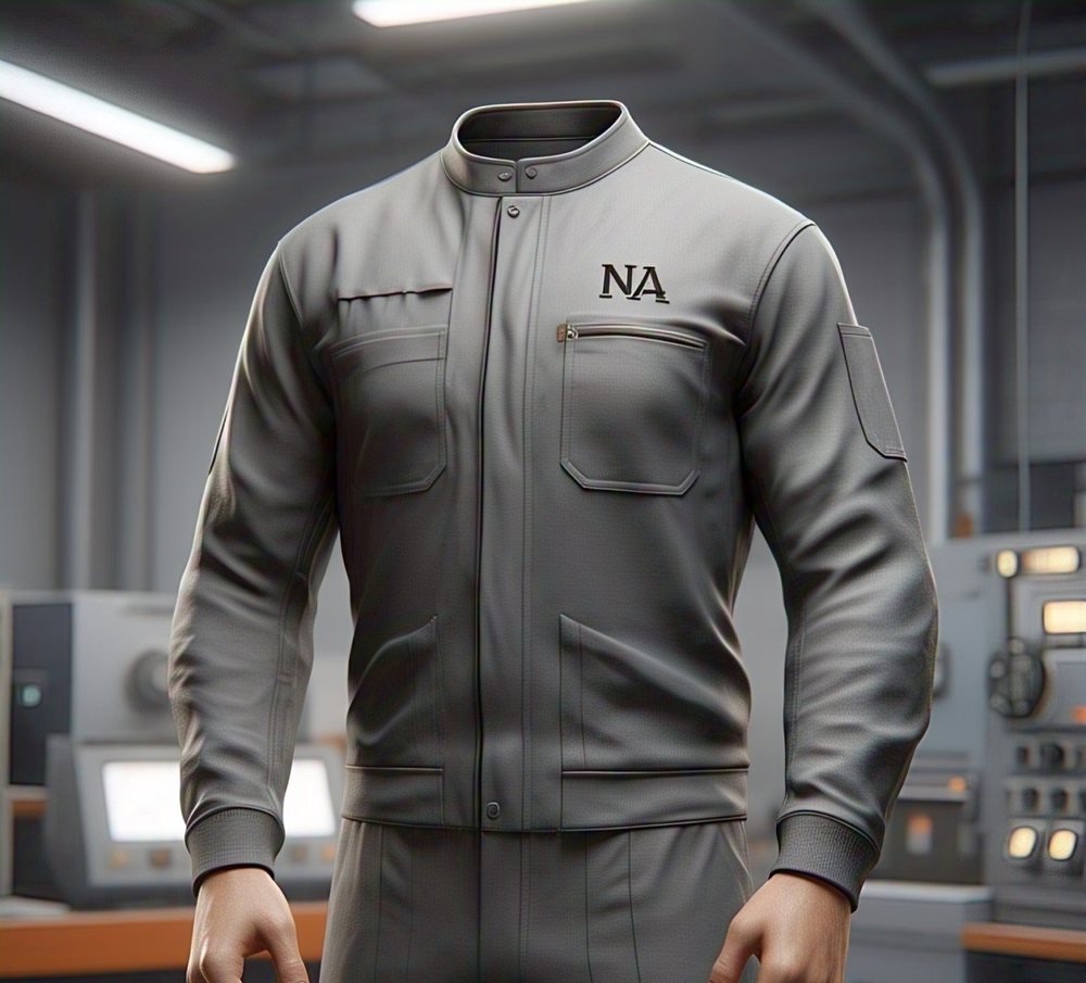 Grey industrial work jacket with a stand collar, zip front, chest zip pocket and a sleeve pocket