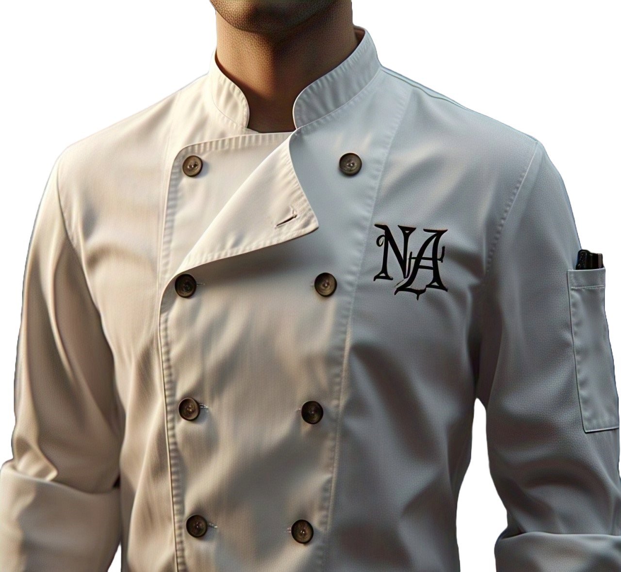 White double-breasted chef jacket with a mandarin collar, dark buttons, a sleeve pen pocket and an embroidered chest logo