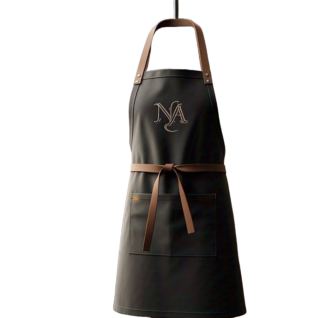 Charcoal canvas bib apron with tan leather neck and waist straps and an embroidered chest logo