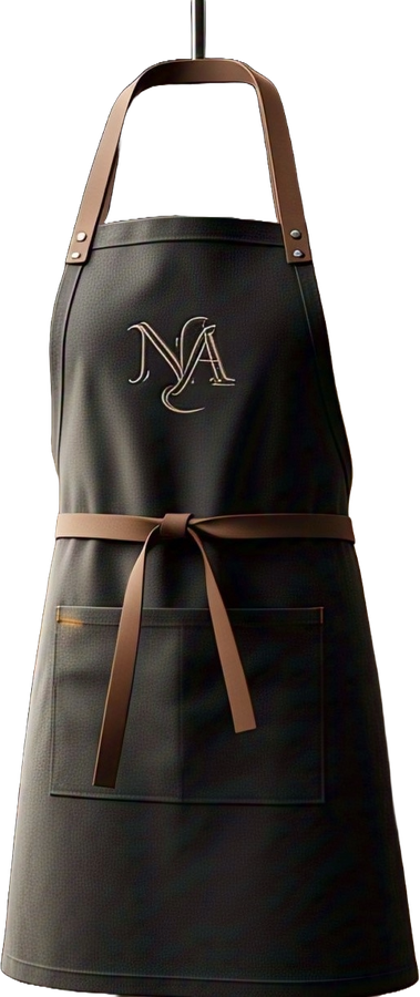 Charcoal canvas bib apron with tan leather neck and waist straps and an embroidered chest logo