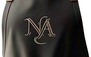 Close-up of an embroidered logo on charcoal canvas apron fabric