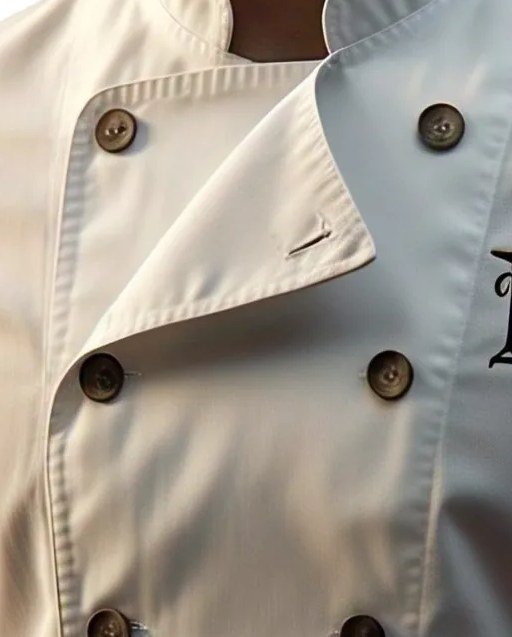 Close-up of the double-breasted button front and mandarin collar of a white chef jacket