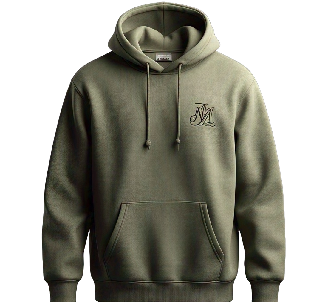 Olive green pullover hoodie with tonal script embroidery at the left chest, a kangaroo pocket and a lined hood
