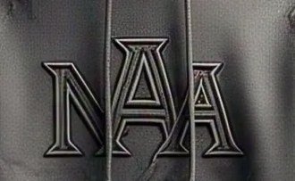 Close-up of a large tonal embroidered chest logo on washed grey fleece