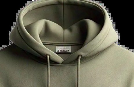 Close-up of a lined two-panel hood with drawcords and a woven neck label