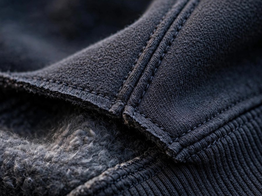 Extreme close-up of a kangaroo pocket corner on washed charcoal fleece, showing the bar-tack, the topstitching and the ribbed hem below