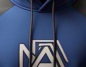 Close-up of the raised applique chest logo on the blue body panel of the hoodie, with both drawcords hanging either side