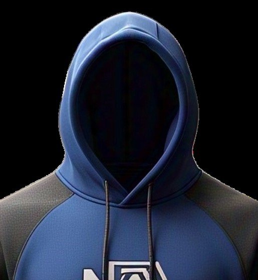 Close-up of the lined hood of the blue and black hoodie showing the contrast inner lining, both drawcords and the raglan shoulder seam