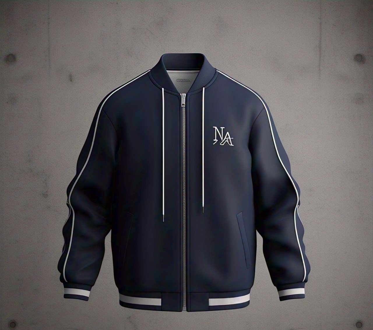Navy varsity jacket with cream sleeves and a raised chenille chest patch