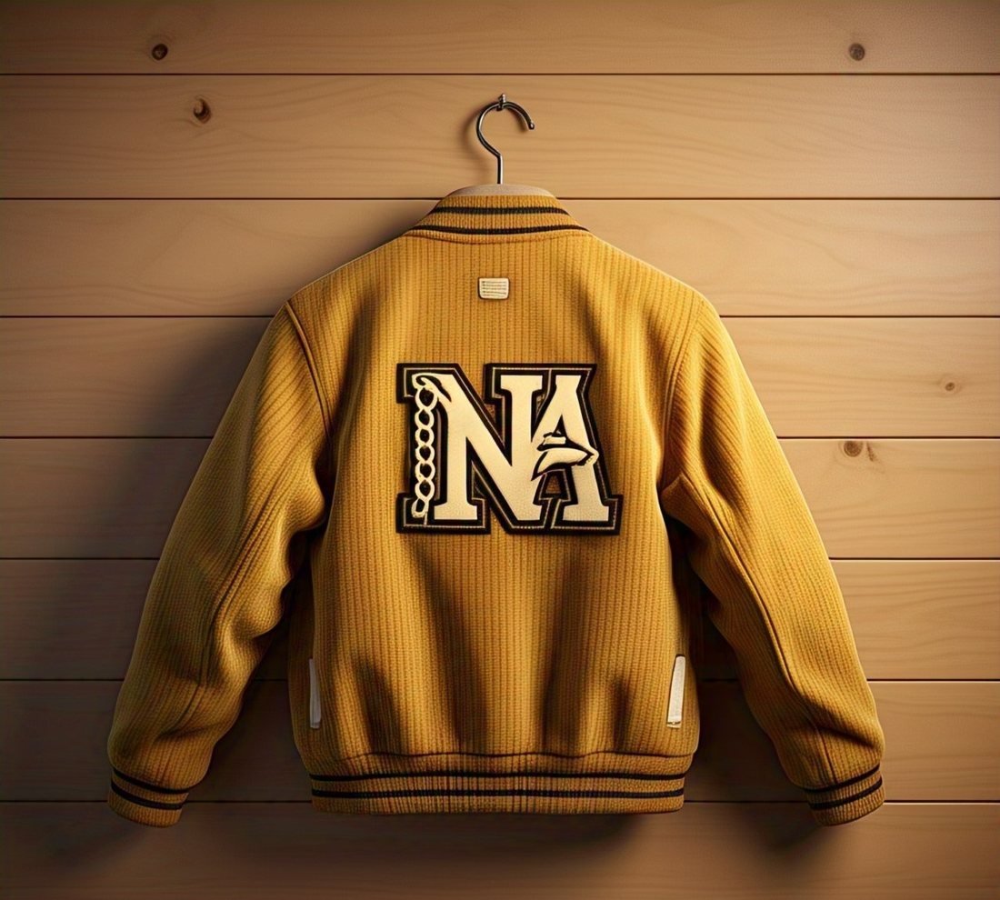 Mustard yellow varsity jacket photographed from the back on a wooden wall, with a large cream and black chenille letter patch