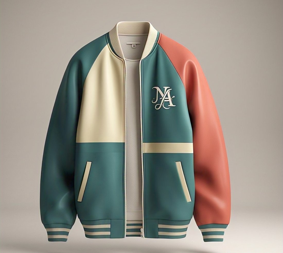 Teal and cream colour-blocked varsity jacket with coral leather-look sleeves and striped rib trims