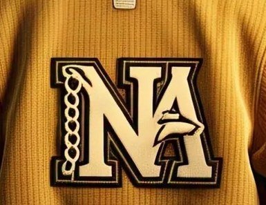 Close-up of a large cream and black chenille letter patch on the back of a mustard varsity jacket