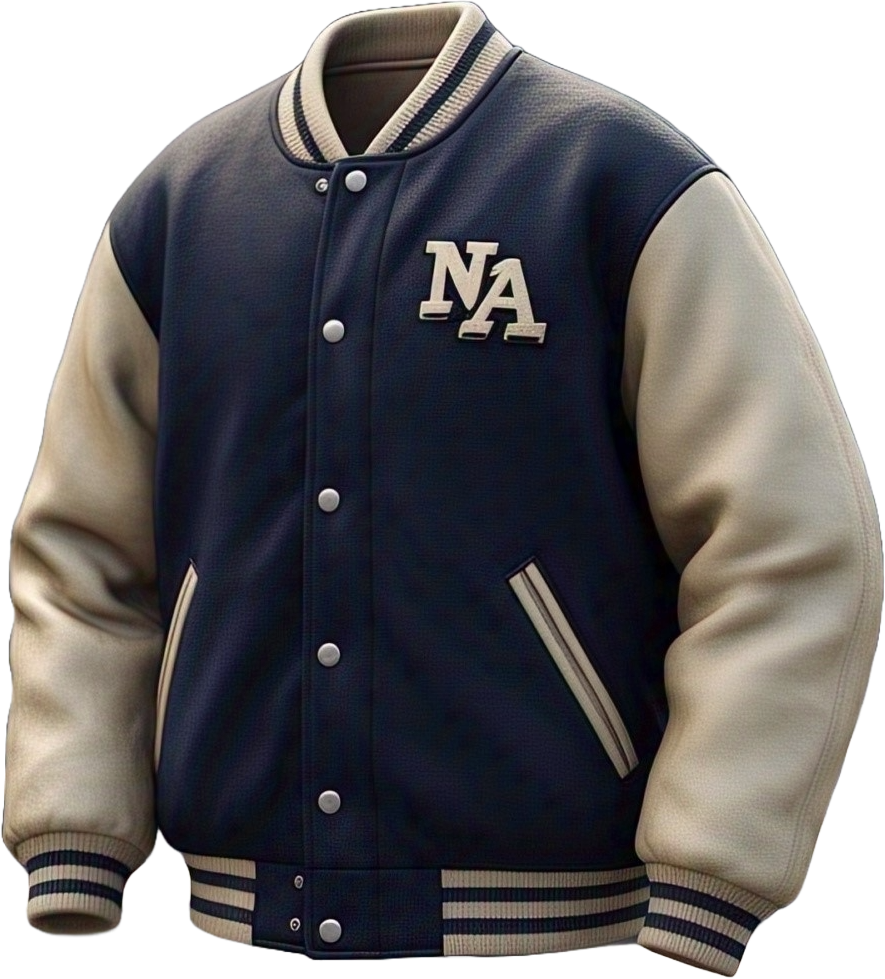 Navy varsity jacket with cream leather-look sleeves, striped ribbed collar, cuffs and hem, snap-button front and a raised chenille chest patch