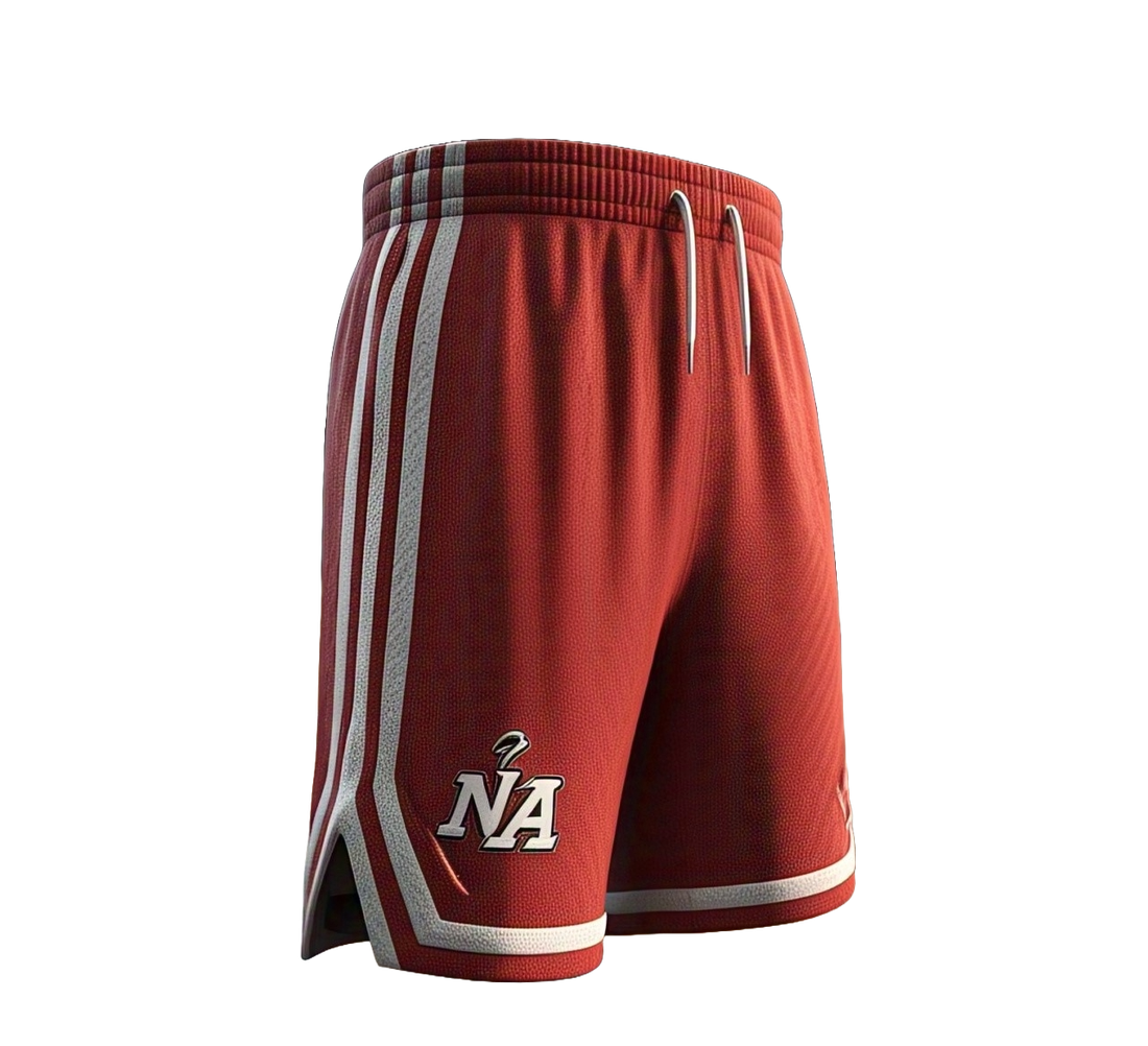 Red basketball shorts with white side taping, a ribbed elasticated waistband and a drawcord
