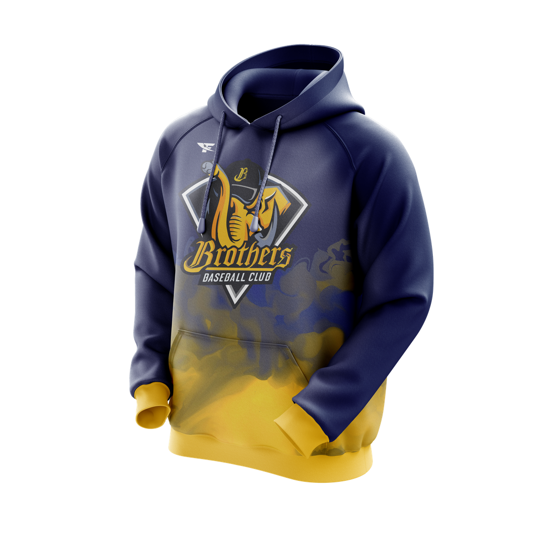Navy and yellow sublimated team hoodie with an all-over faded print and applied club artwork across the chest