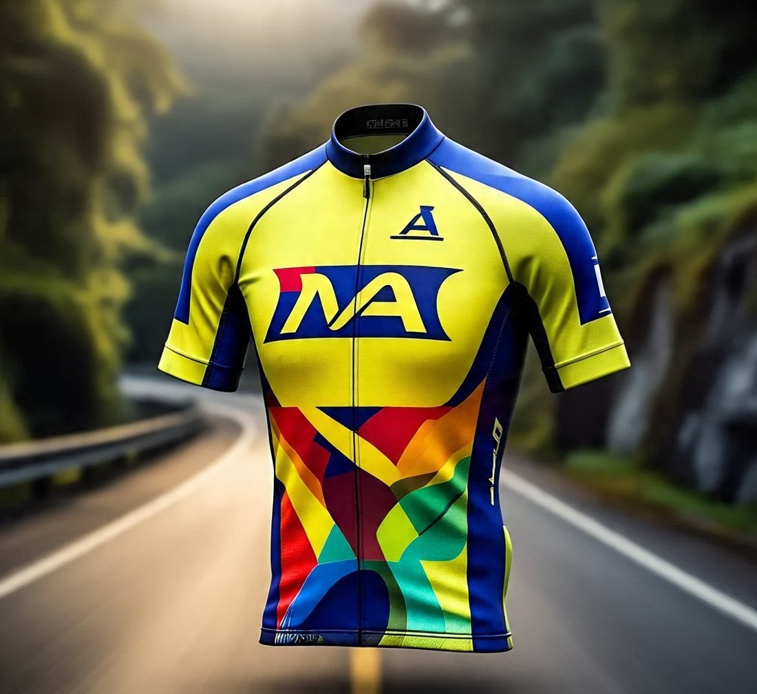 Yellow and blue short-sleeve cycling jersey with a full front zip and a multi-colour sublimated lower body panel
