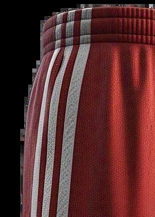 Close-up of white side taping running down the panel seam of red basketball shorts beside a ribbed waistband