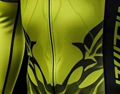 Close-up of the sublimated black graphic running across the lower body of the hi-vis yellow cycling jersey, continuing over the zip and side seam