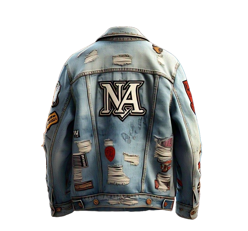 Light wash distressed denim jacket photographed from the back with a large chenille letter patch and multiple applied badges