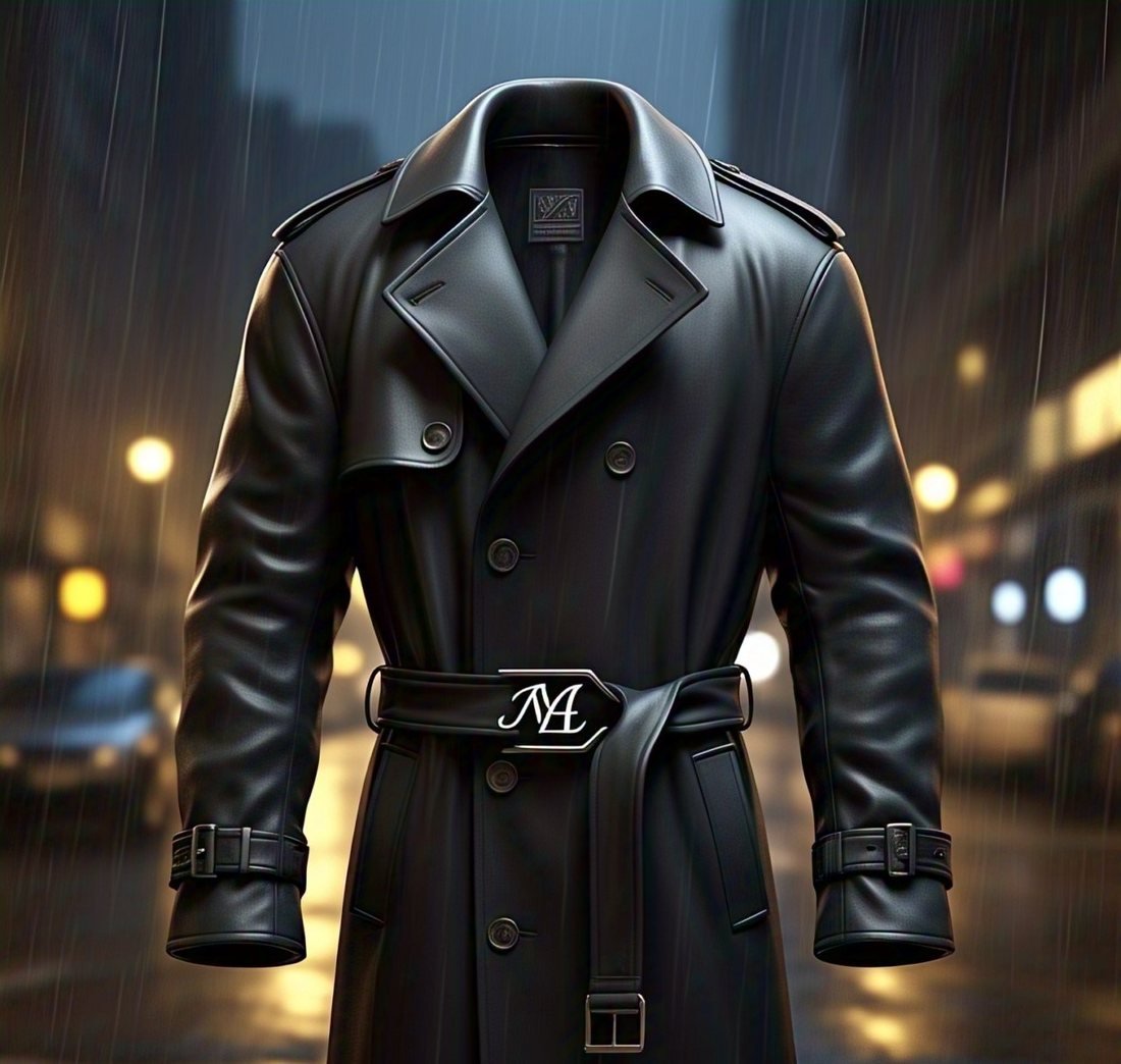 Black double-breasted trench coat with a leather-look finish, a buckled waist belt and epaulettes