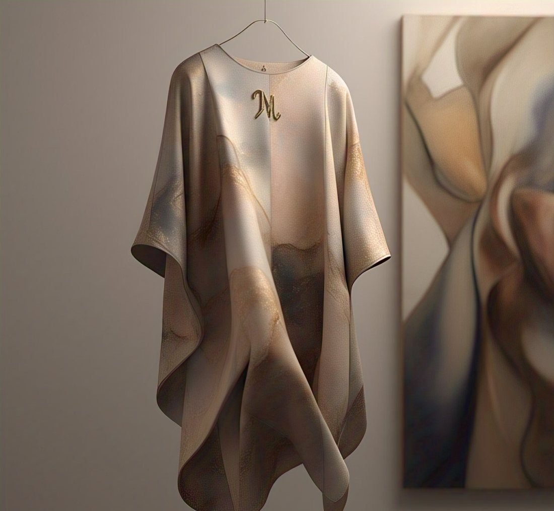 Draped oversized top in a printed silk-look fabric with wide sleeves, hanging against a neutral wall