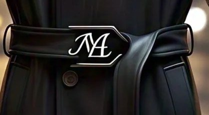 Close-up of a buckled waist belt and metal hardware on a black leather-look trench coat