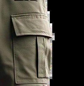 Close-up of a flap cargo pocket with a bar-tacked edge on olive twill