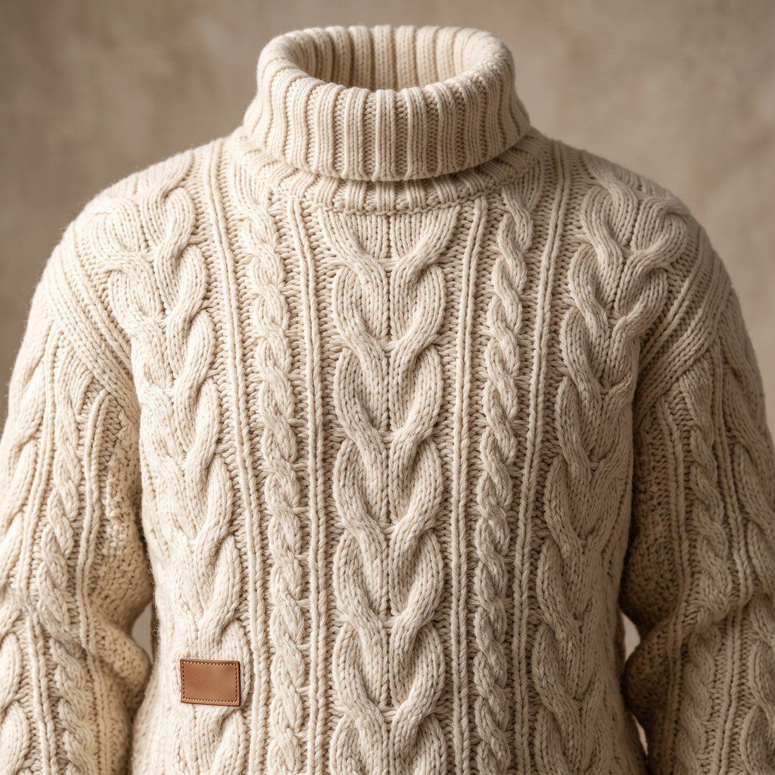 Chunky cream cable-knit roll-neck sweater with a deep folded collar and a stitched leather patch label at the lower chest