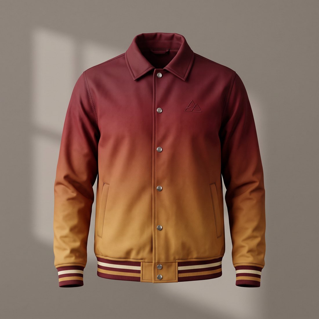 Coach jacket in a warm gradient from deep red at the shoulders to amber at the hem, with a snap-button front and striped ribbed cuffs and hem