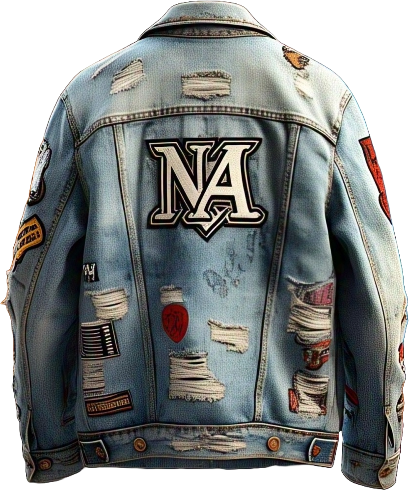 Light wash distressed denim jacket photographed from the back with a large chenille letter patch and multiple applied badges