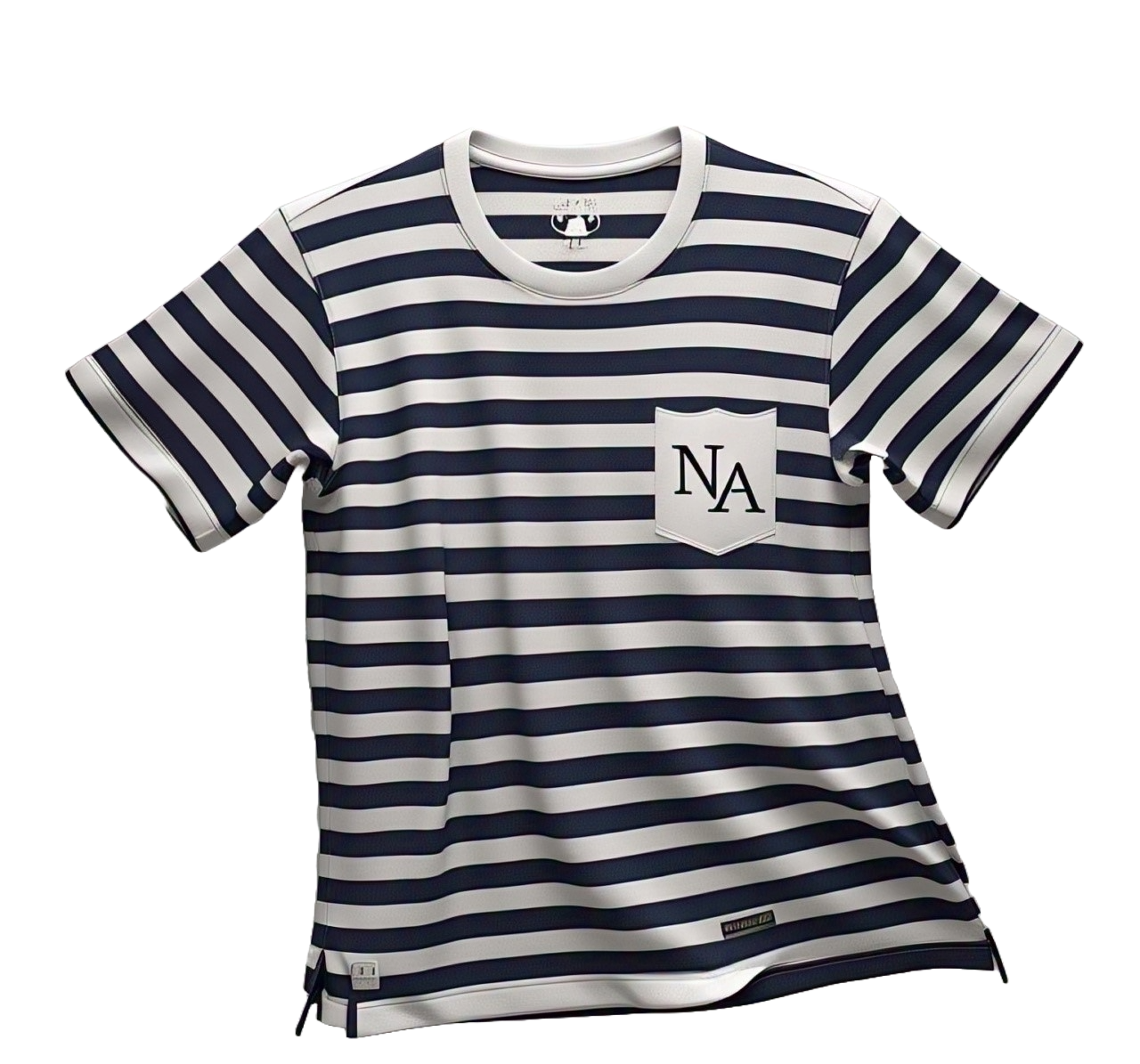 Striped tee with contrast collar, shield patch pocket and bound side slits