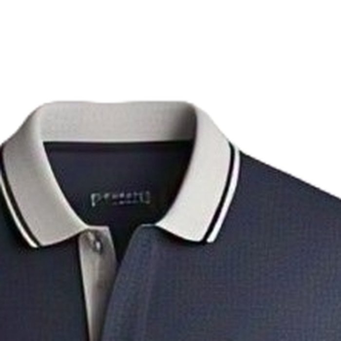 Close-up of a flat-knit polo collar with contrast tipping along the edge