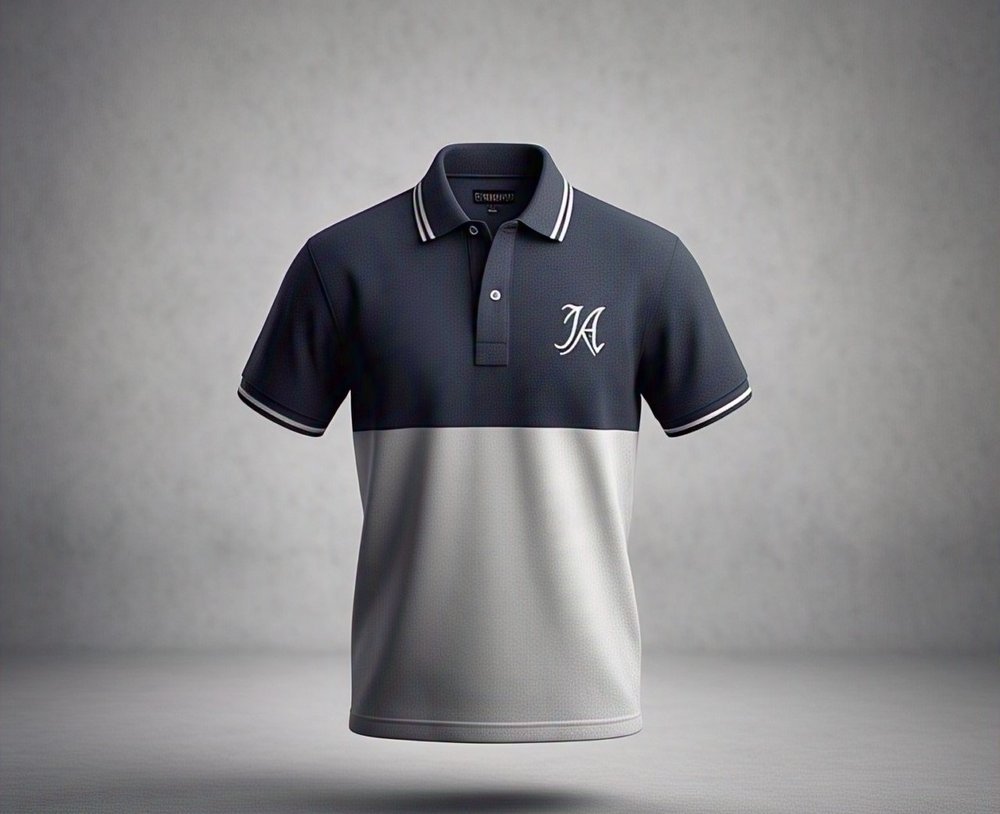 Navy polo shirt with contrast colour-blocked shoulder panels and a buttoned placket