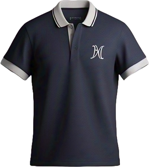 Navy pique polo shirt with a contrast tipped collar, three-button placket and an embroidered chest logo