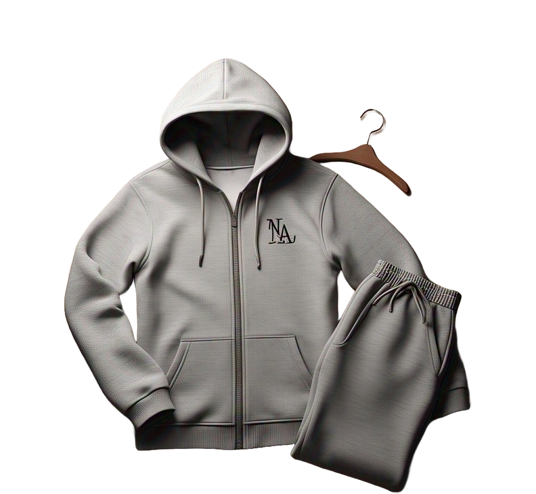 Grey zip-through hooded tracksuit jacket with a tonal chest logo shown with matching cuffed joggers