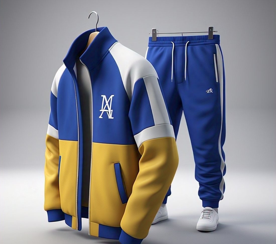 Blue, white and yellow colour-blocked zip-through track jacket shown with matching blue joggers with a white side stripe
