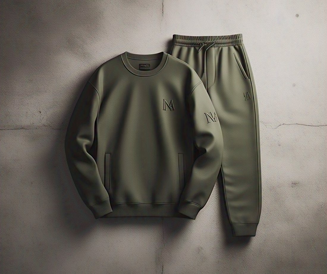 Olive green crewneck sweatshirt and matching joggers laid flat against a concrete wall with tonal embroidered marks
