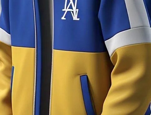 Close-up of a colour-blocked panel seam where blue, white and yellow fabric meet on a track jacket
