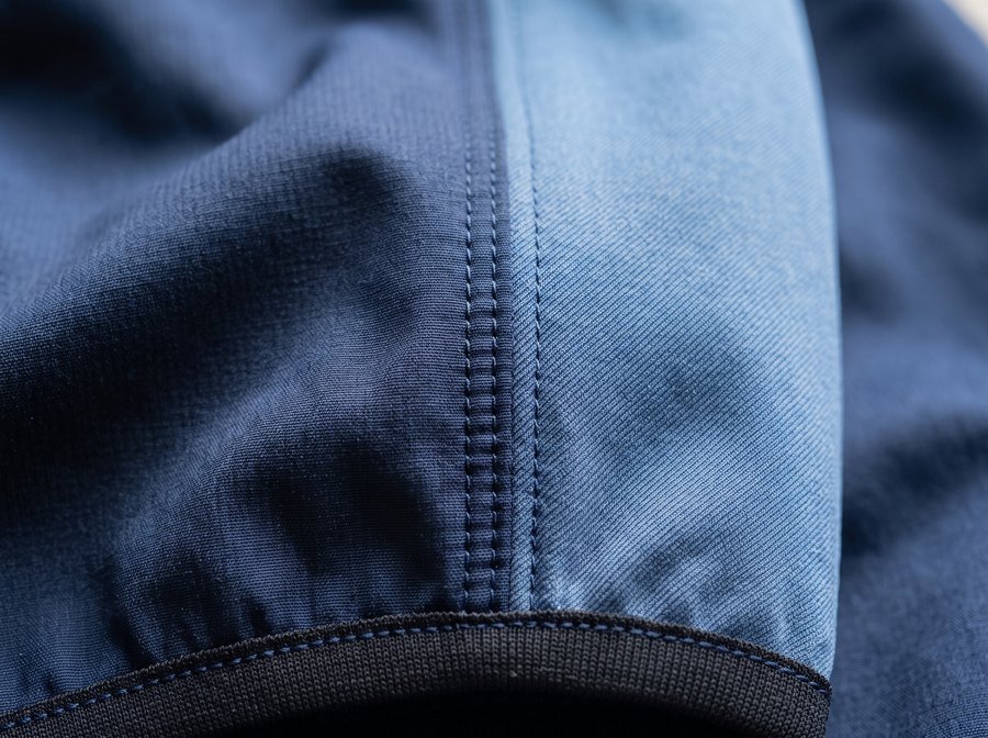 Extreme close-up of a seam joining two shades of blue technical fabric above a dark ribbed hem